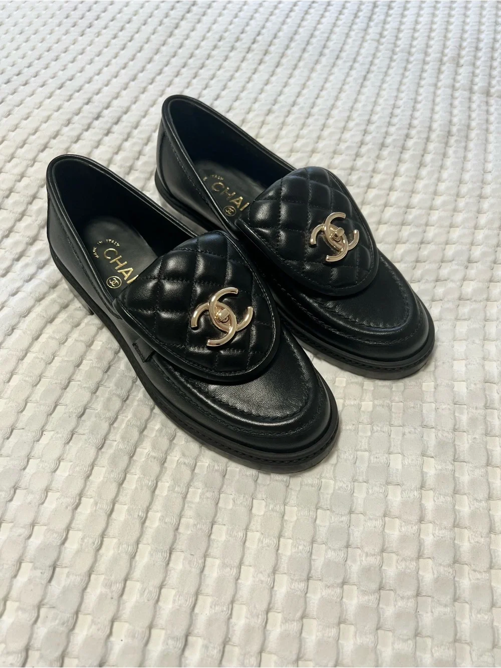 CHANEL Black Quilted Lambskin CC Turnlock Loafers Moccasins